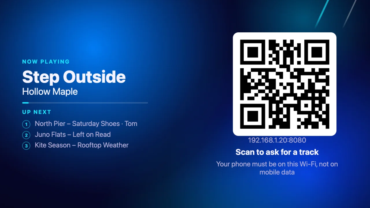 The big screen in music mode: what is playing, what is next, and the code to ask for a track